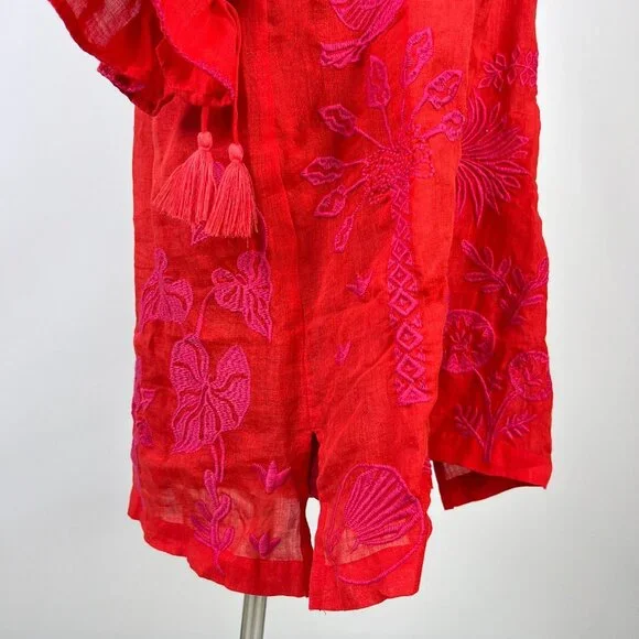 NWOT Johnny Was Ramie Embroidery Ruffles Red Luciana Tie Front Sleeve Dress XL